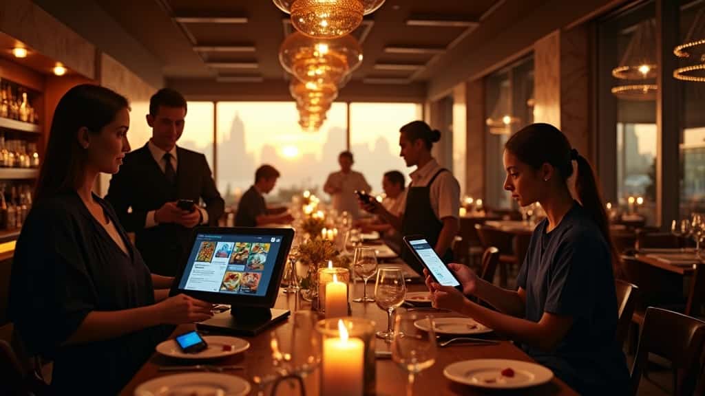 Kafe salonunda Restroid POS kasa terminali ve garson el terminali