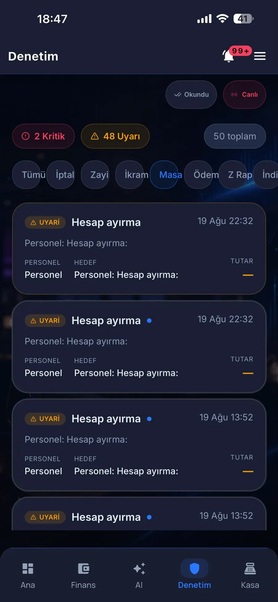 Denetim — masa ve hesap ayırma