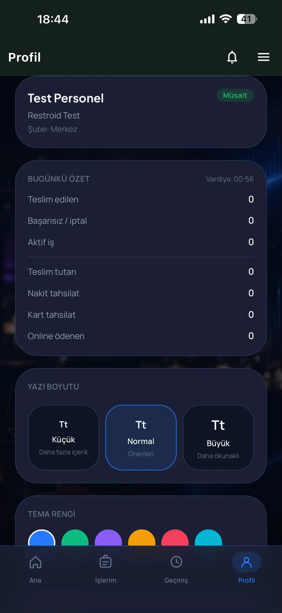 Profil: vardiya ve tahsilat özeti